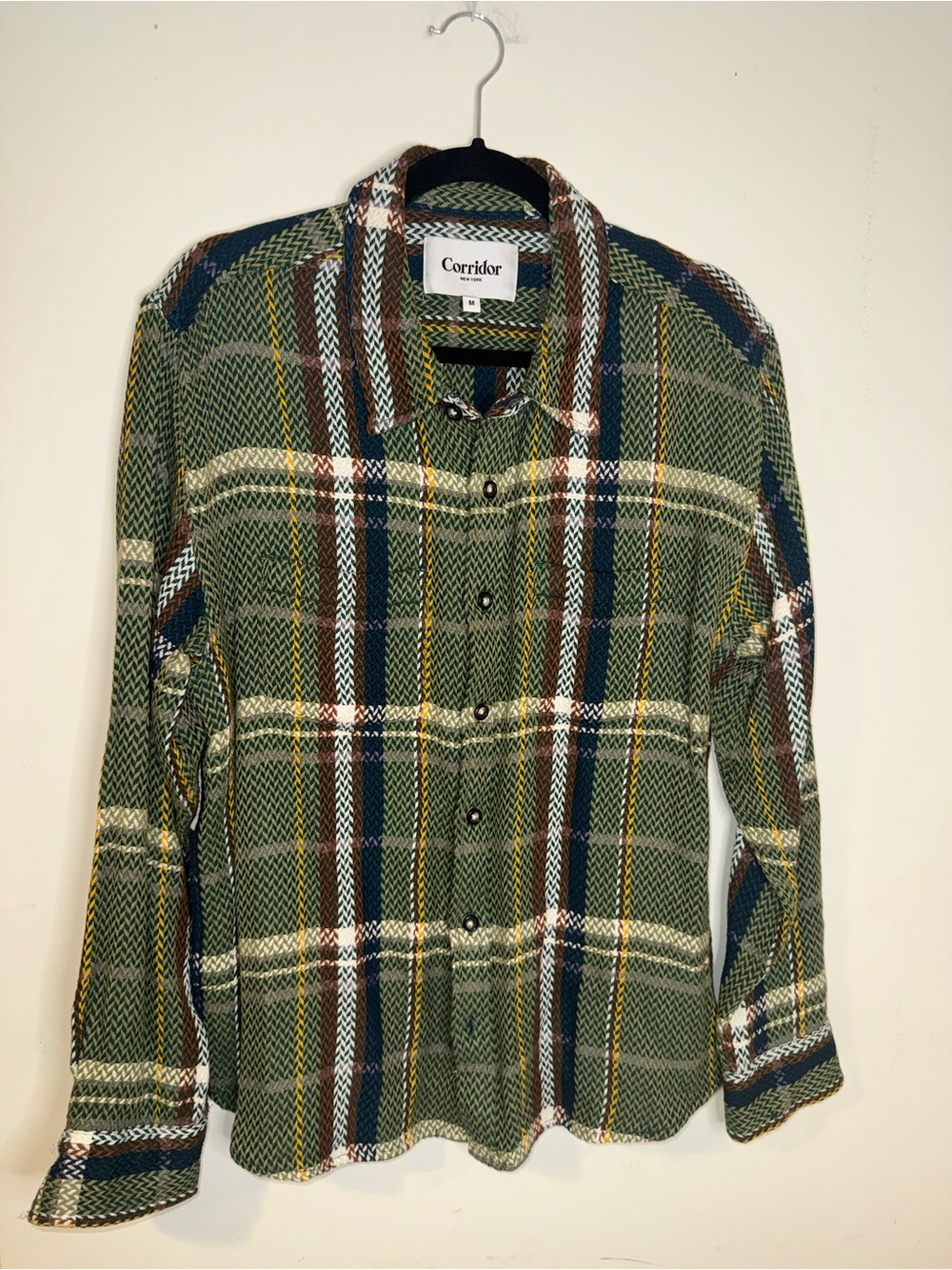 Corridor New York Men’s M Green & Brown Multicolor Acid Plaid Herringbone Shirt